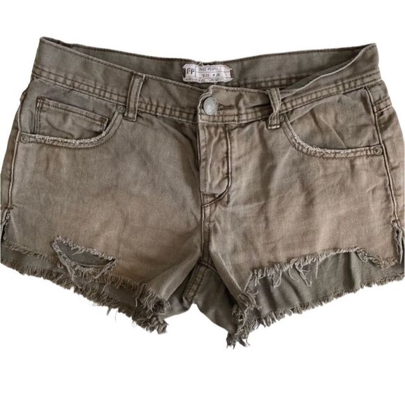 Free People Pants - Free People Distressed Frayed Raw Hem Denim Shorts Size 26 Brown Green Festival